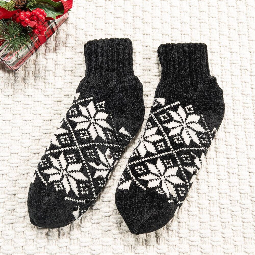 Black Women's Fair Isle Sherpa-Lined Chenille Socks